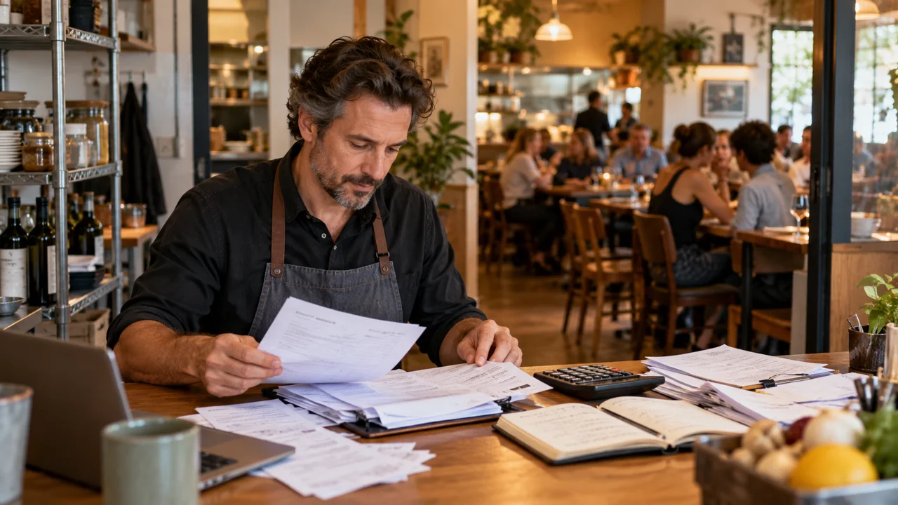 Restaurant owner reviewing invoices and expenses after service.
