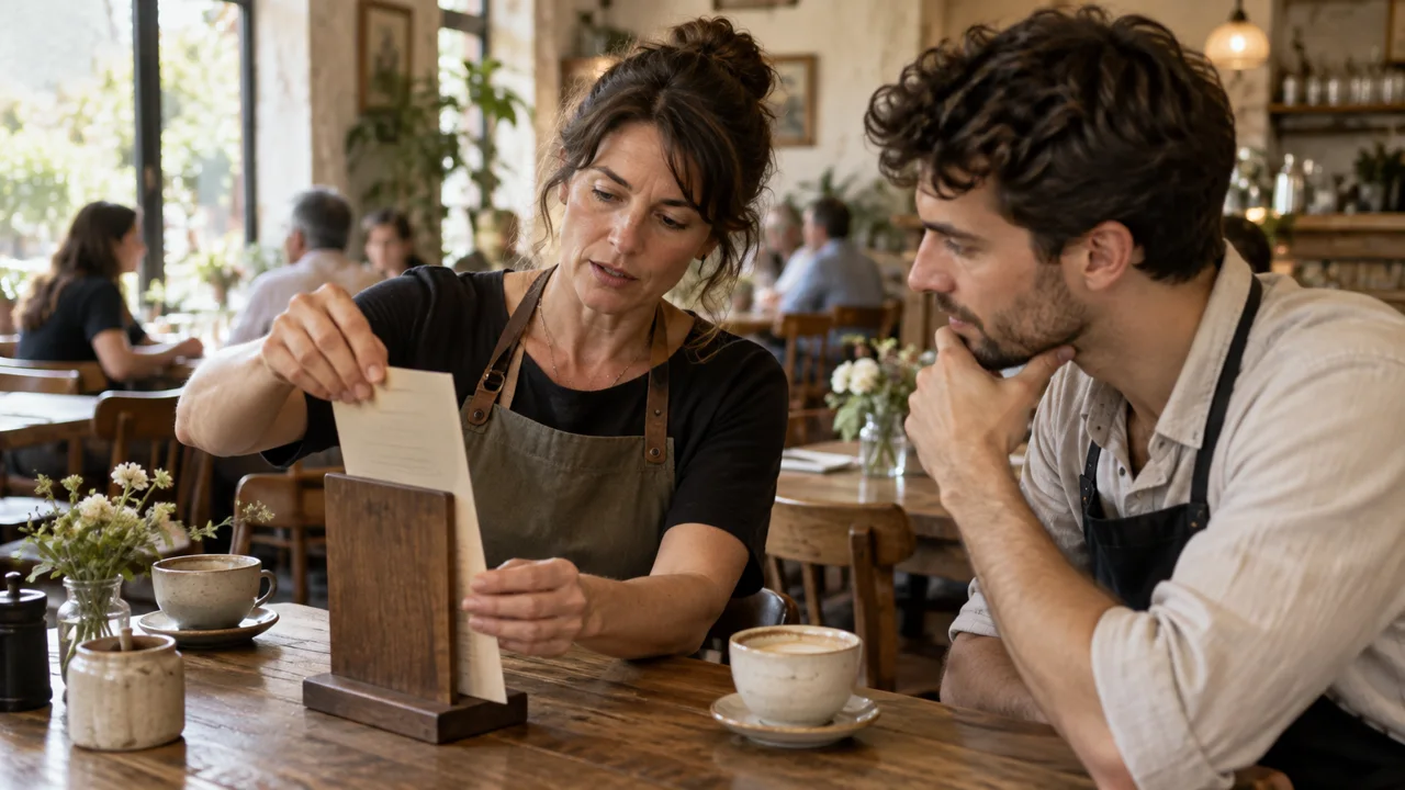 Cafe manager updating a printed menu with a staff member.
