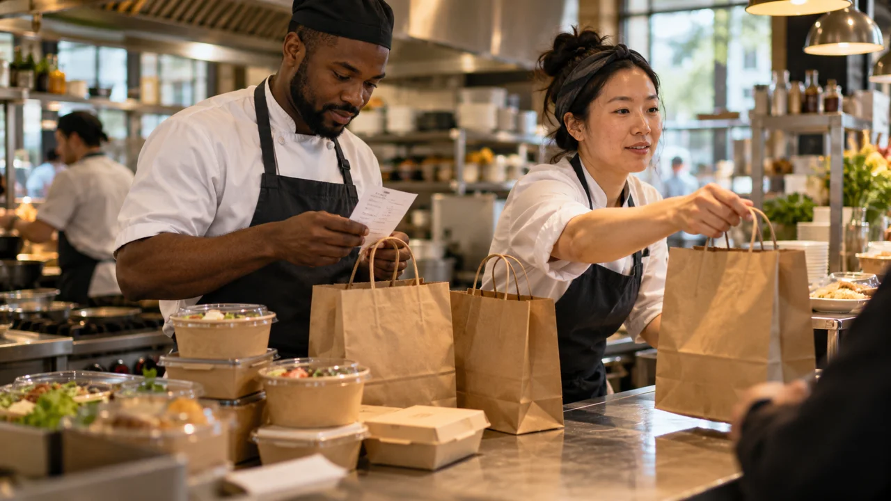 Restaurant team preparing and organising takeaway orders during a lunch service.