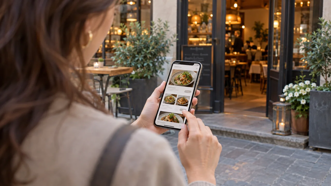 Guest browsing a restaurant menu on a smartphone outside the entrance.
