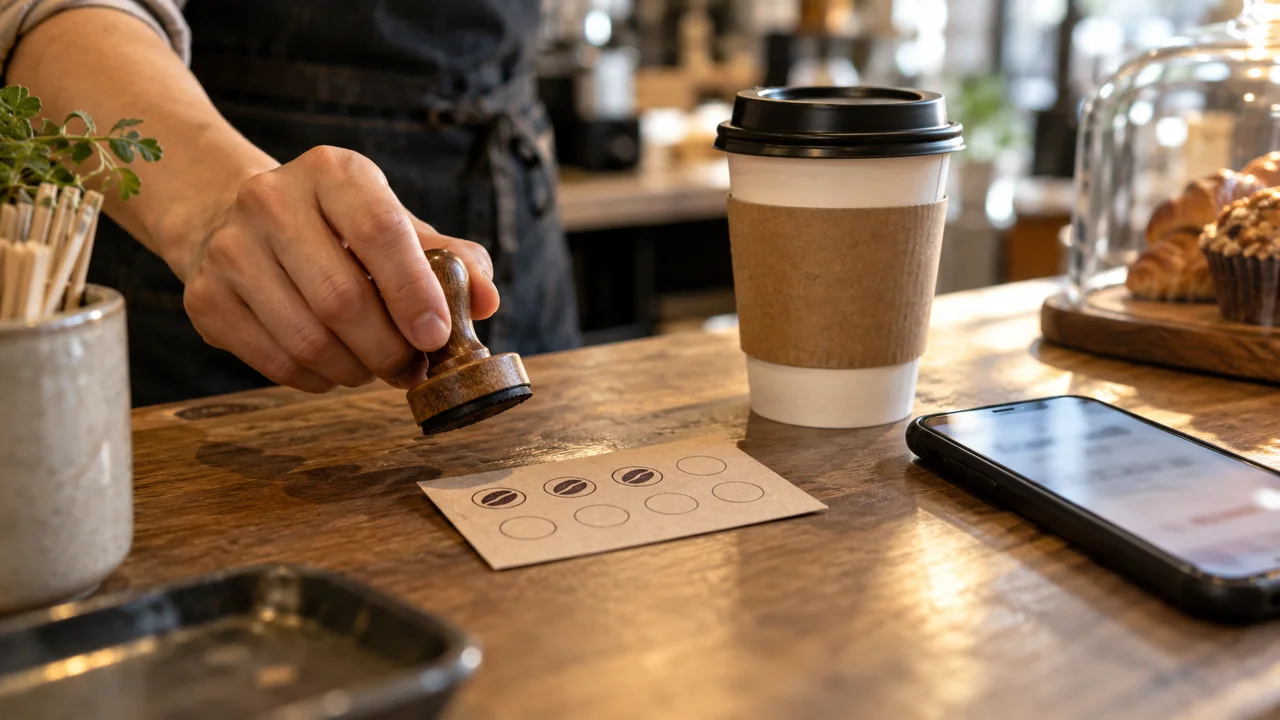 Paper loyalty stamp card beside a takeaway coffee and a smartphone.
