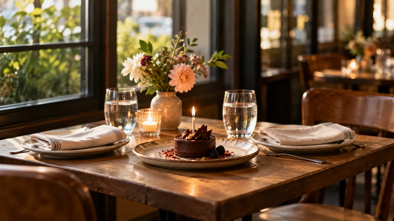 A carefully set restaurant table with a small celebration dessert and flowers.