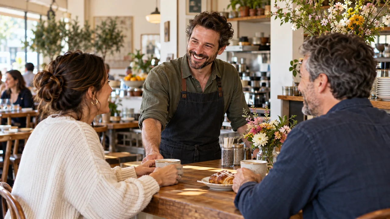 A restaurant owner warmly welcoming two regular customers