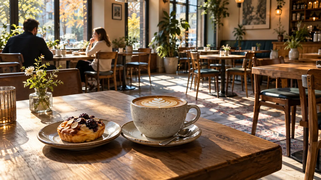Coffee and a pastry on a sunlit cafe table during a quiet afternoon.