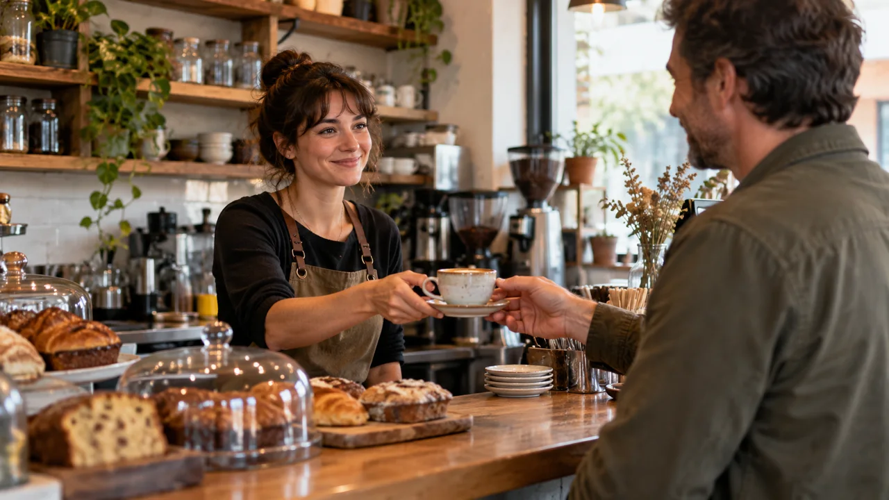 Barista welcoming a returning customer with a cup of coffee.