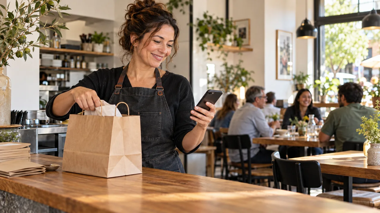 A restaurant owner checking a phone while preparing a takeaway order