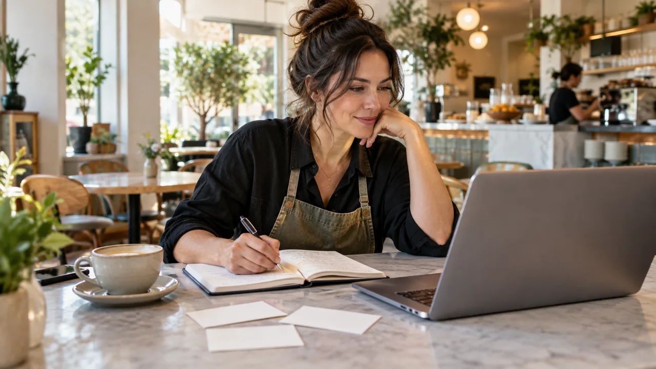 Cafe owner planning customer messages with a laptop and index cards.