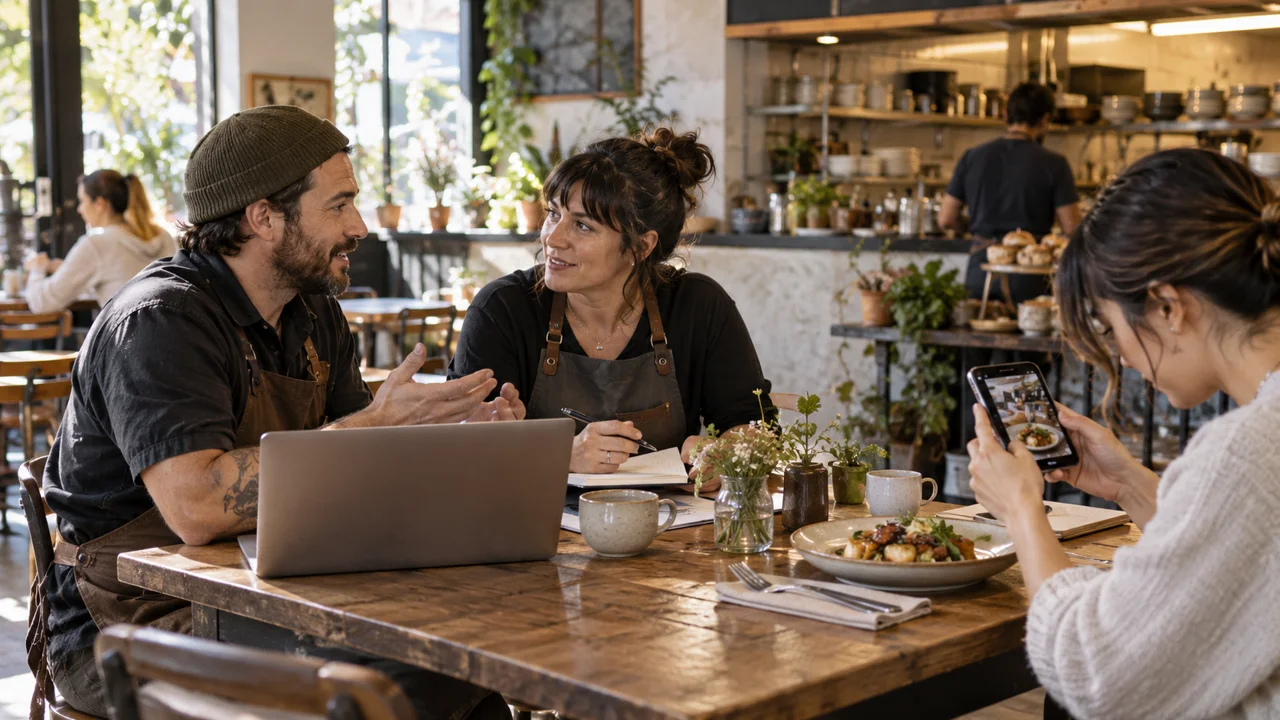 Local business owners discussing a collaboration while a creator photographs a dish.