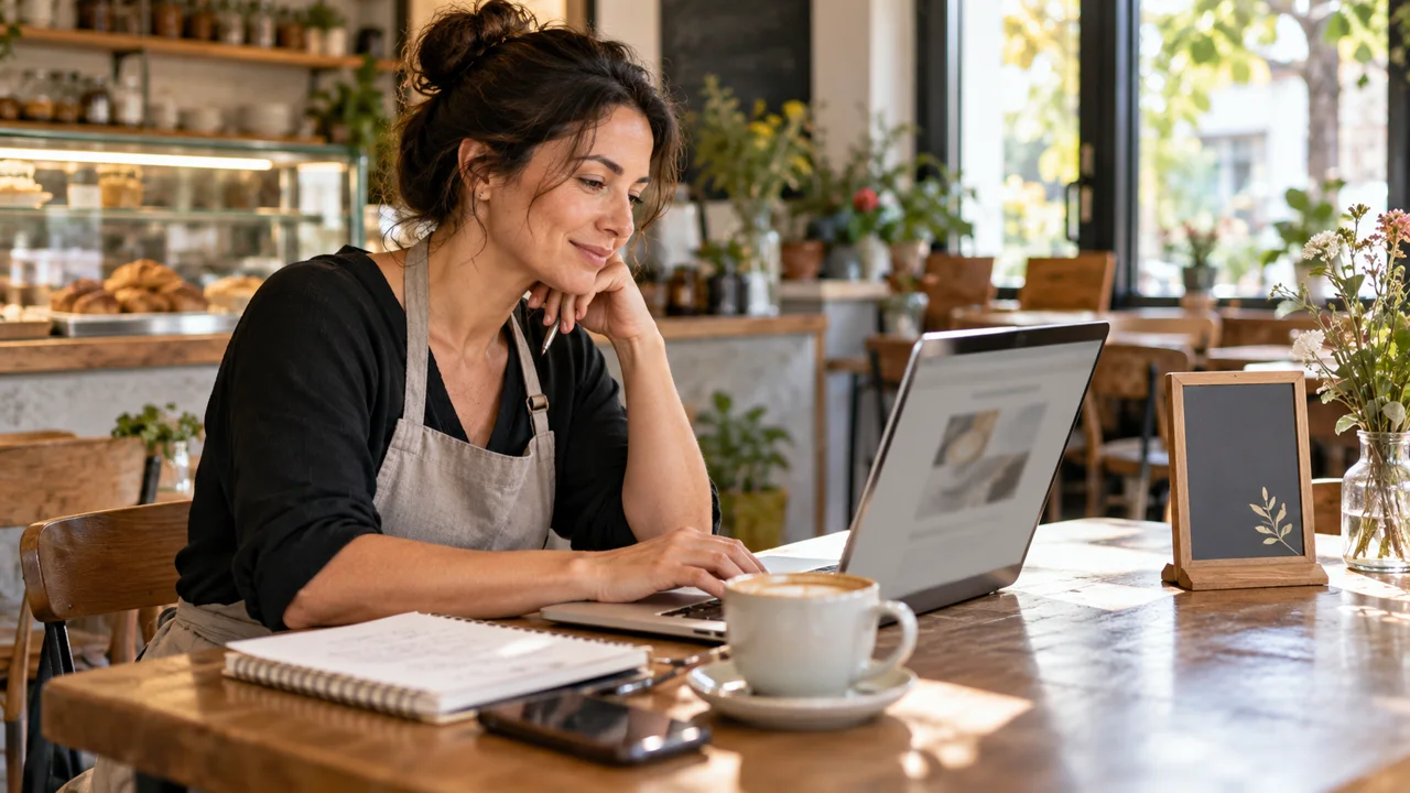 Cafe owner preparing a customer newsletter on a laptop.