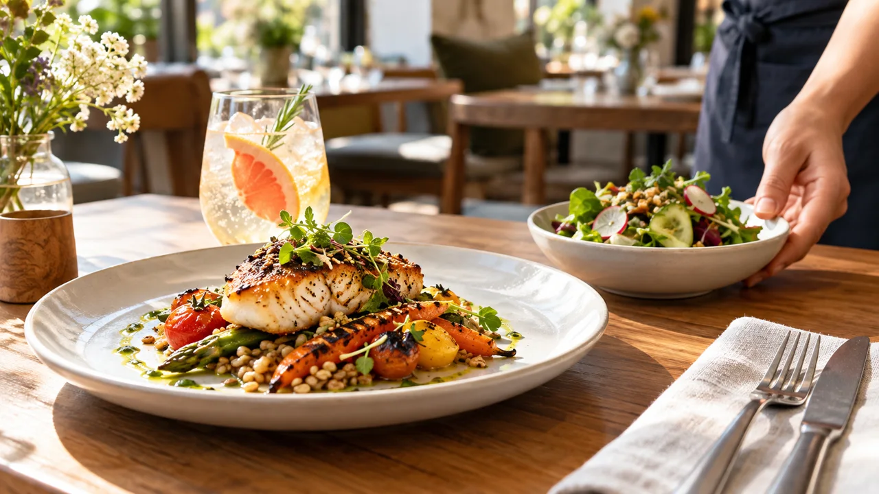 A seasonal restaurant lunch with a side salad and a citrus drink