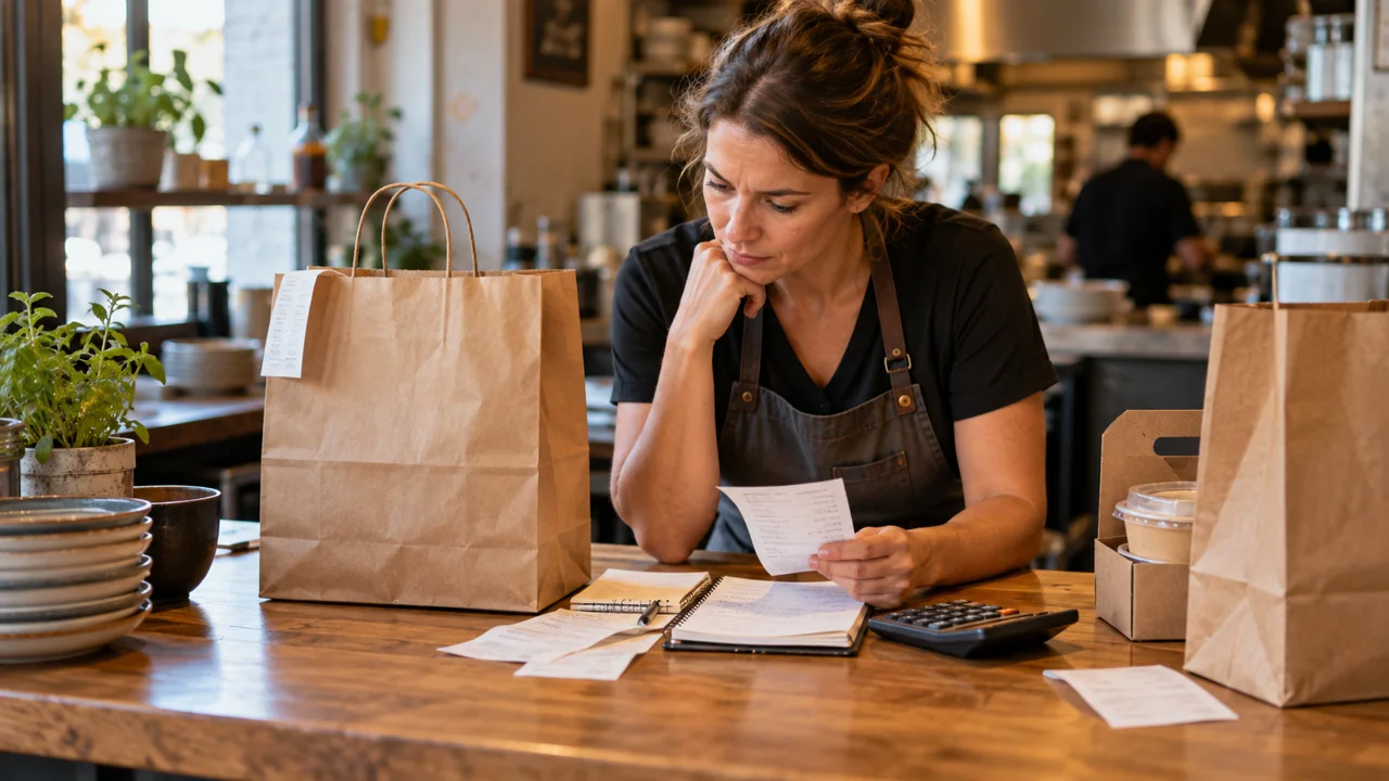 Restaurant owner comparing receipts and takeaway orders with a calculator at the counter.