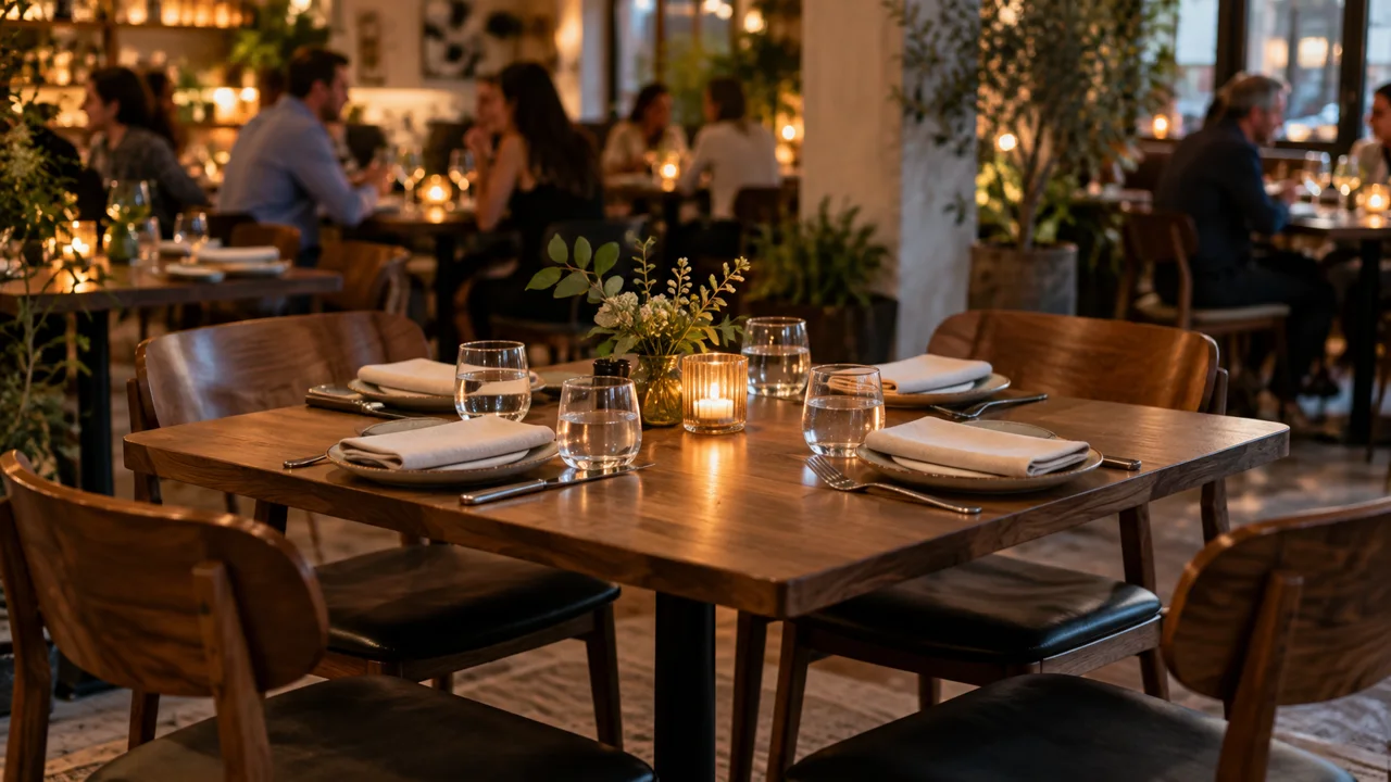 An empty table set for four in a restaurant with other guests dining nearby.