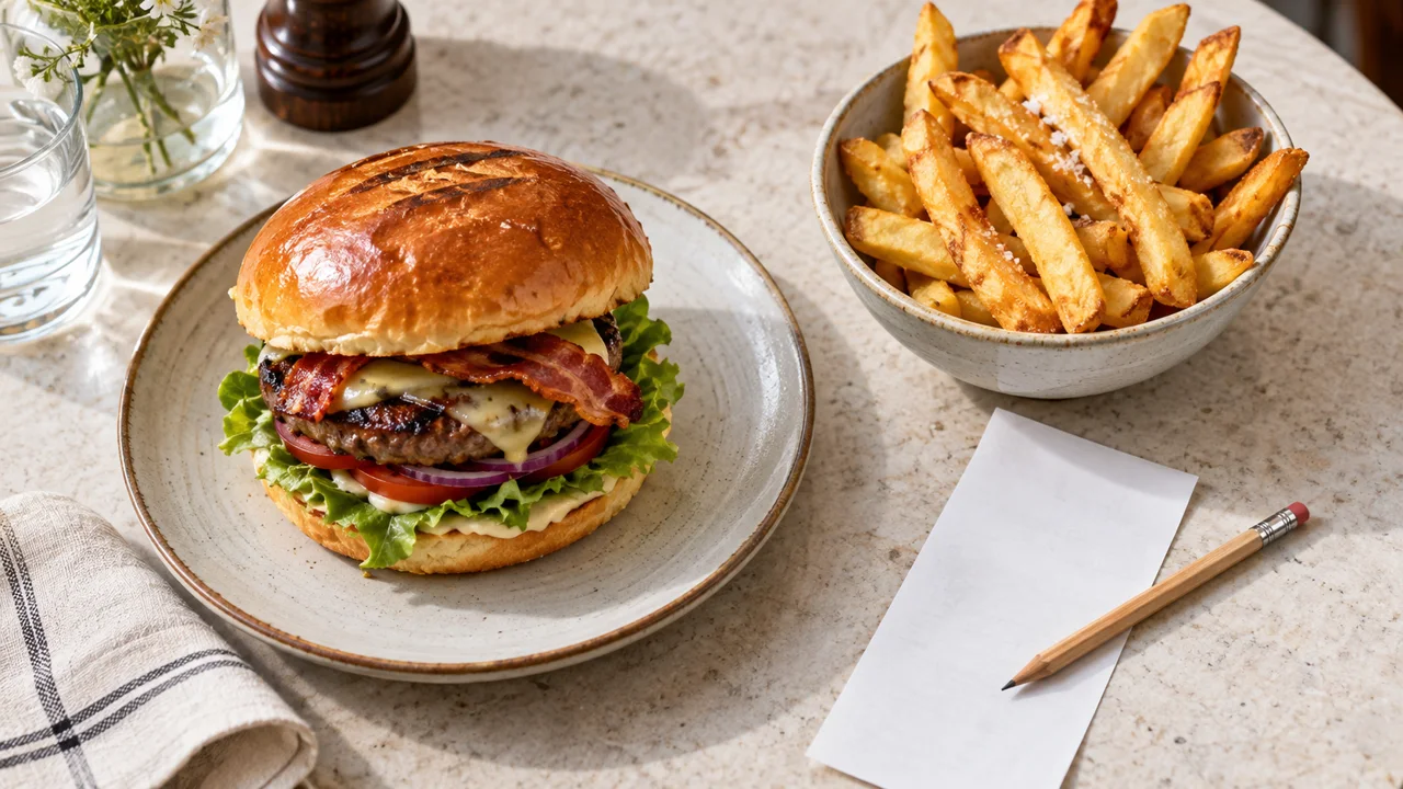 Burger and side dish presented together for a meal-deal cost comparison.