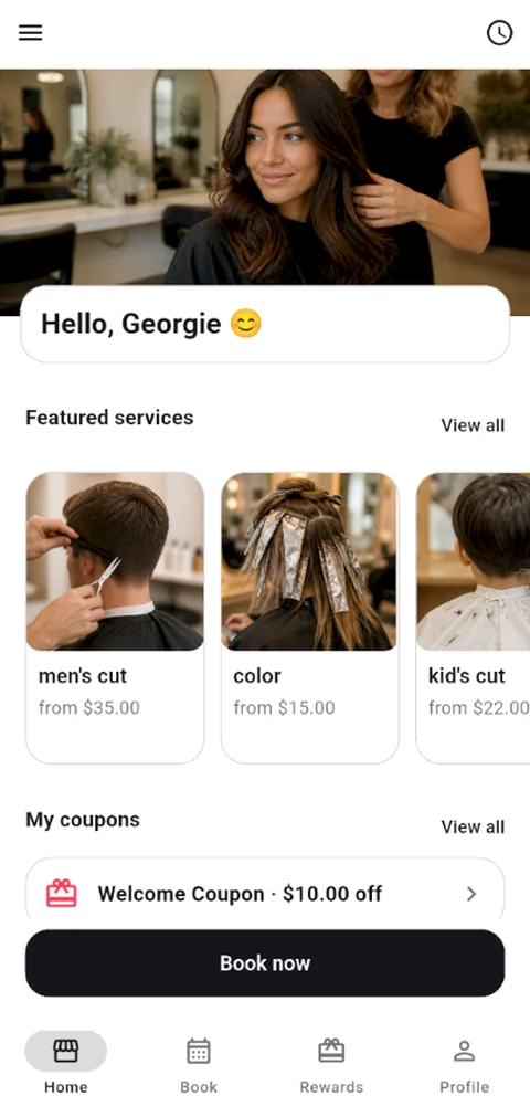 The customer app home screen