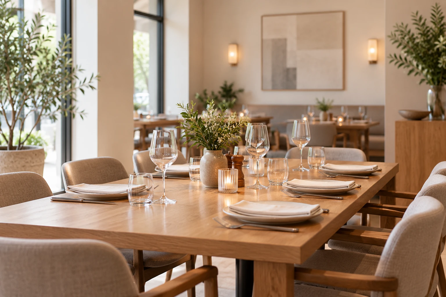A restaurant dining room with tables set for guests