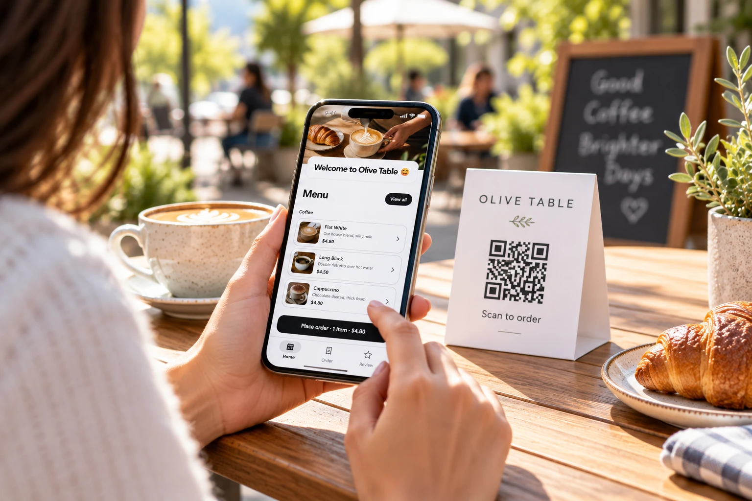 A customer ordering from the Olive Table app at a cafe