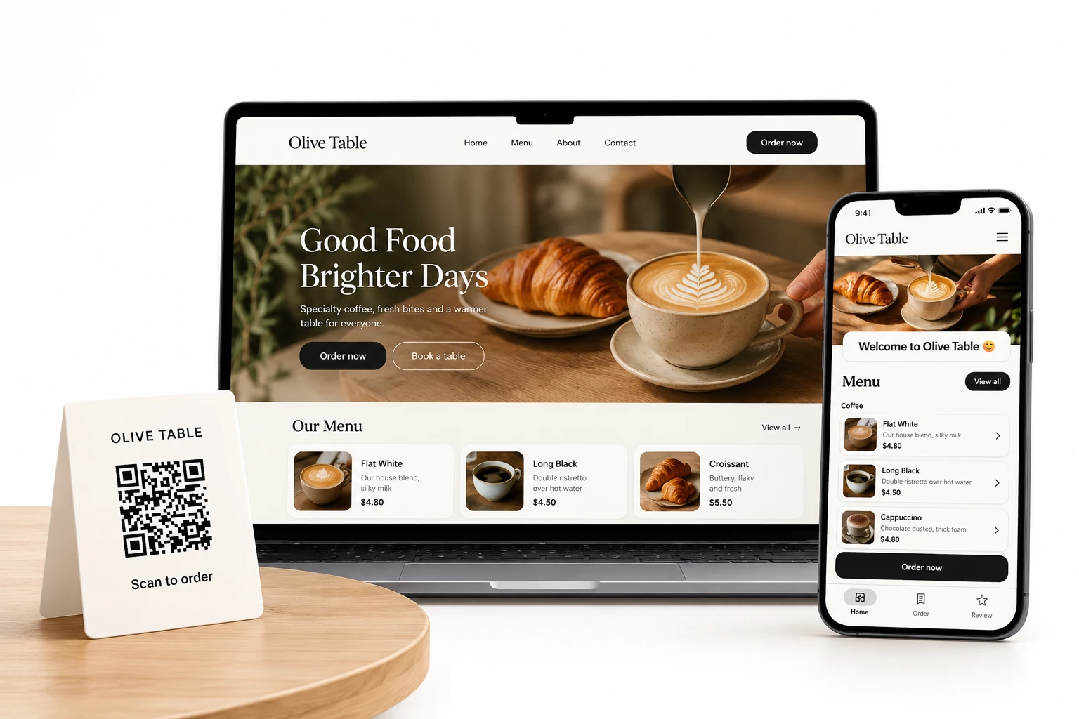 Olive Table website artwork with a laptop, phone and table QR sign