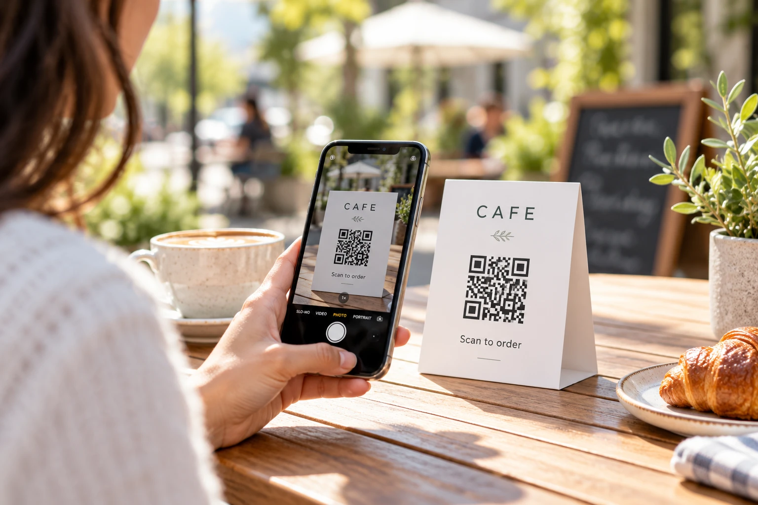 A cafe customer scanning a table QR sign